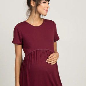 PinkBlush Burgundy Solid Crochet Trim Maternity Shift Dress